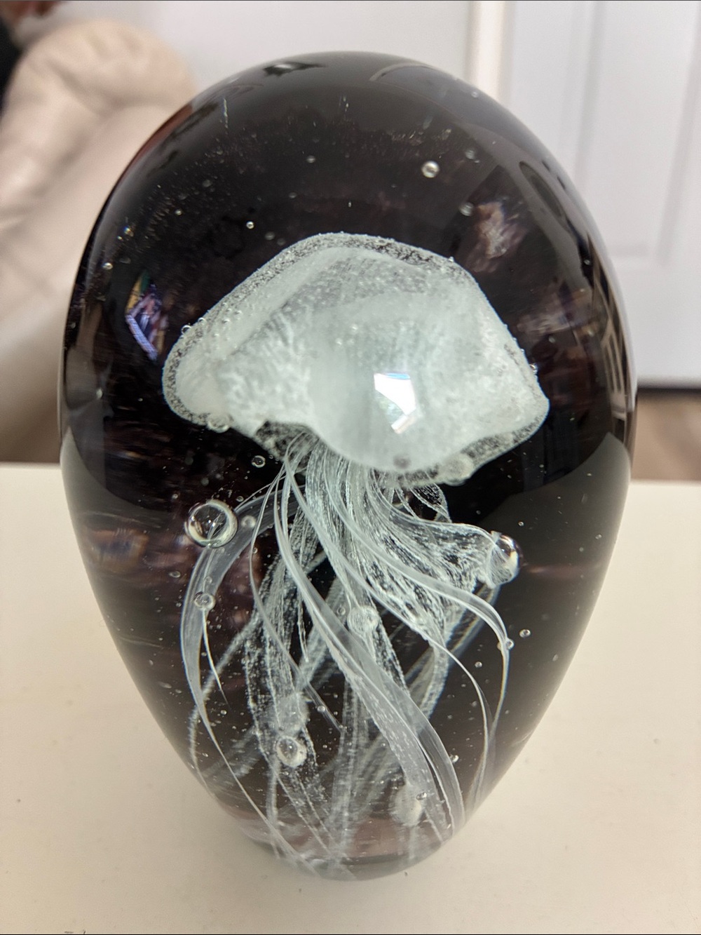 Like New, Hand Blown Glass Jellyfish Paperweight With White Tentacles & Bubbles.
